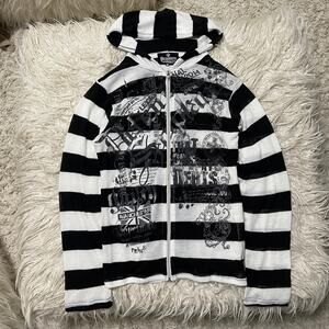 Striped Graphic Hooded Longsleeve Knitted Zip Up Jacket Black White size M